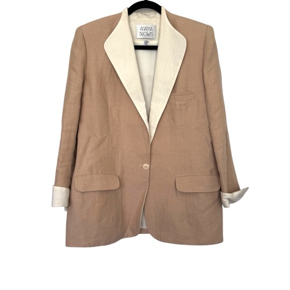 Vintage Agatha Brown Linen Oversized Blazer Suit Jacket Tan & Cream - Picture 1 of 4